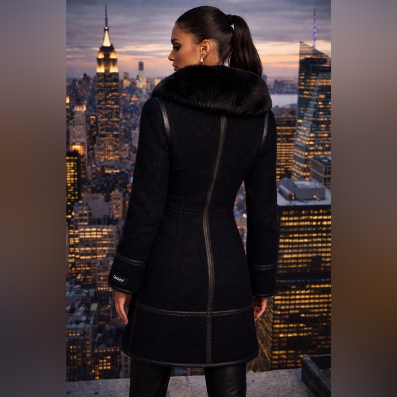 DKNY Black Faux Shearling & Leather Trim Mixed Media Coat - Siz XXS - Picture 2 of 6
